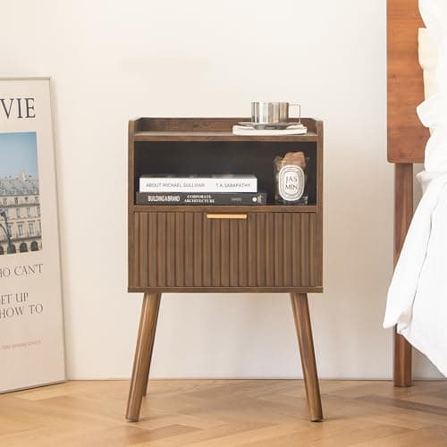 AWASEN Mid Century Modern Nightstand, Fluted Drawers, Rustic Brown for Living Room & Bedroom