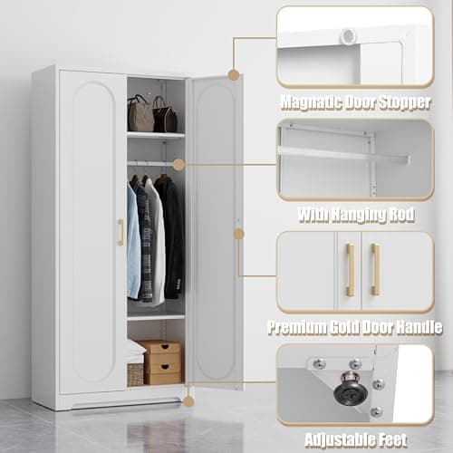 71" Tall White Metal Storage Cabinet with Hanging Rod and Shelves, Ideal for Bedroom, Armoire or Bathroom