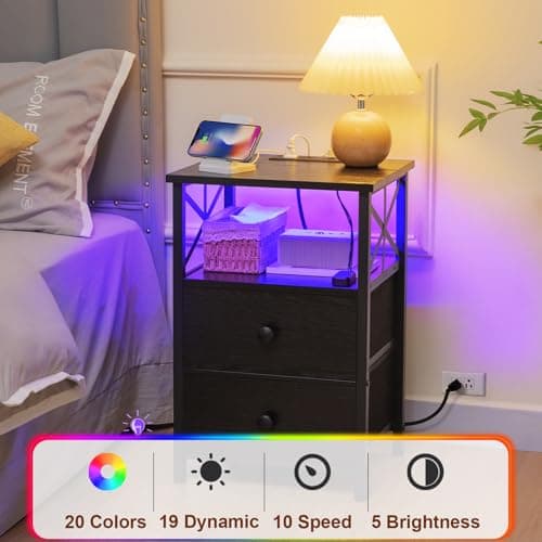 AMHANCIBLE Black LED Nightstand with Charging, HET052LBK