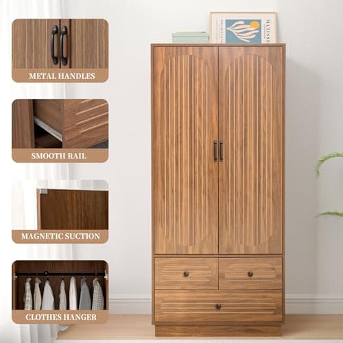 Mid-Century Modern Walnut Armoire Wardrobe with 3 Drawers and Hanging Rod