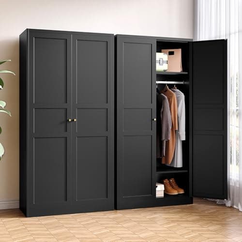Black Metal Armoire Wardrobe 72" with Doors & Hanging Rail (Assembly Required)