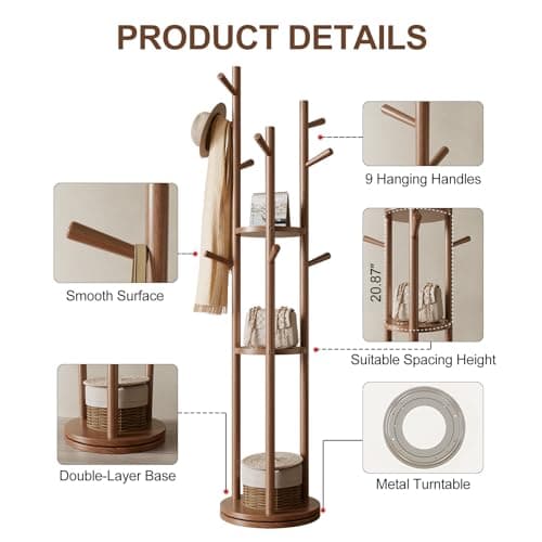 Walnut Solid Wood Coat Rack with 3 Shelves & 9 Hooks for Bedroom, Entryway & Livingroom