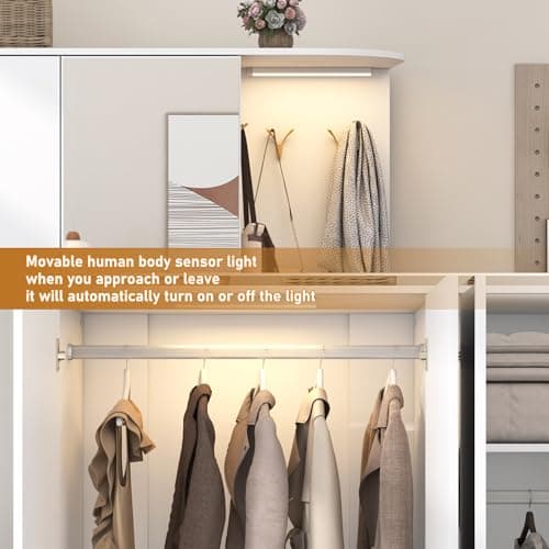 XVD Modern White Wardrobe Closet with Mirror & Sensor Light, 5 Doors & 2 Drawers