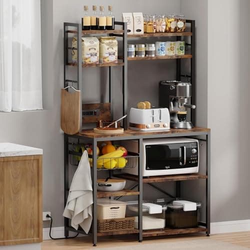 Rustic Brown Standing Baker’s Rack with Power Outlet & 6-Tier Stand