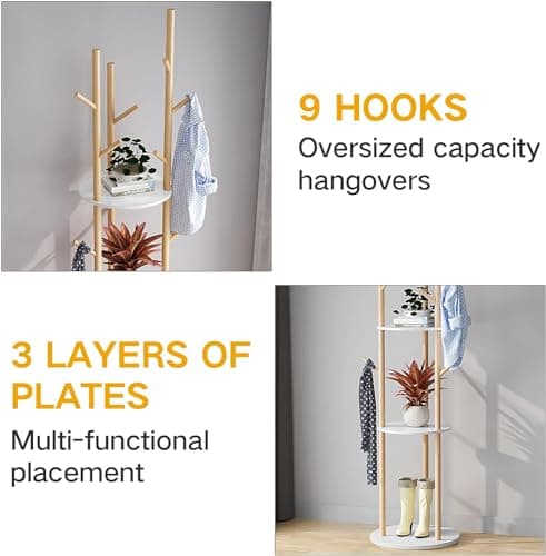 LIWSHWZ White Free Standing Coat Rack with Shelf & 9 Hooks for Home Entryway