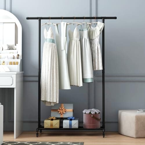 Heavy Duty Black Metal Pipe Clothing Rack with Wheels for Home Use
