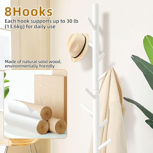 Sturdy Freestanding Coat Rack with 8 Hooks & 3 Sizes, White