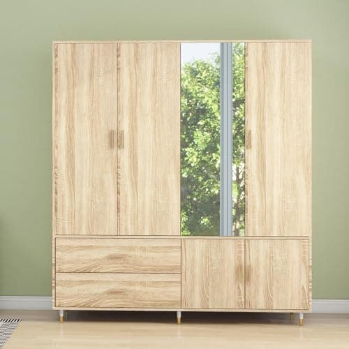 White Large Wood Armoire Wardrobe with 4 Doors 2 Drawers Shelves Hanging Rails