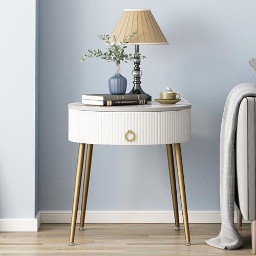 OIOG Modern Brown and Black Side Table Set, Round Nightstand with Drawer