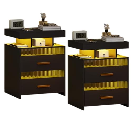 Modern Wood Nightstand with Charging and LED Lights, 2 Drawers, Black