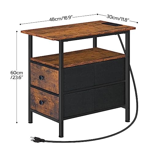 HOOBRO Adjustable End Table with Charging Station, Rustic Brown & Black, BF486UBZP201