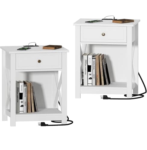 Treocho Farmhouse End Table Set of 2 with Charging Station