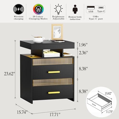 Modern Wood Nightstand with Charging and LED Lights, 2 Drawers, Black