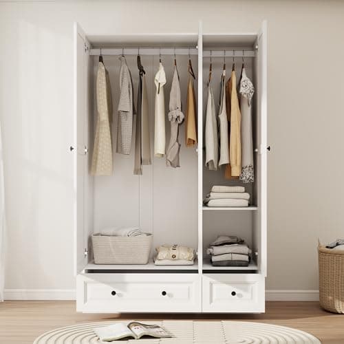 White 3-Door Wardrobe Closet with Drawers & Shelves (47")