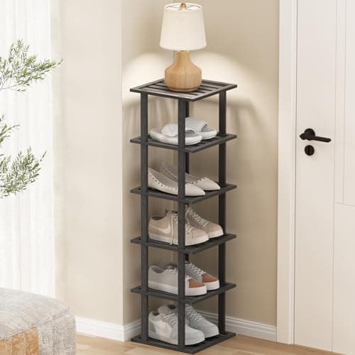 Slim White Bamboo 6-Tier Shoe Rack for Small Spaces Closet Storage