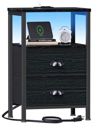 Furologee Black Nightstands with Charging Station and LED Lights