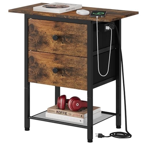 End Table with Charging Station and Drawers, Slim Side Table with USB Ports, Rustic Brown Wood Desktop Table