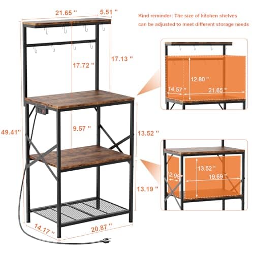 Rustic Brown 4-Tier Bakers Rack with Power Outlet & Storage