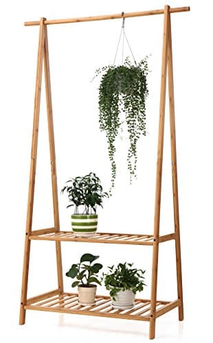 Finnhomy Large Portable Bamboo Clothes Rack with 2-Tire Storage Shelves