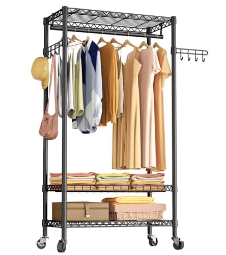3-Tier Heavy Duty Wire Clothes Rack with Double Rods & Hooks, Freestanding Storage Wardrobe