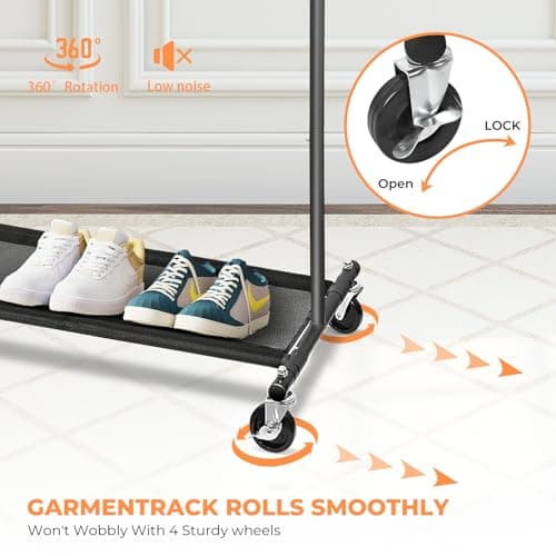 Heavy Duty Metal Rolling Clothing Rack with Lock, Bottom Shelves for Shoes, 63" H, Black