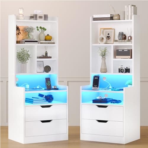 ADORNEVE Tall Night Stand with Charging Station & LED Lights, White with Bookshelf & Drawers
