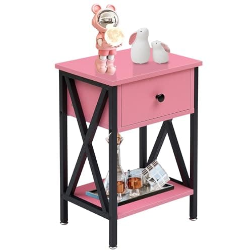 VECELO Modern Bedside Table with Drawer & Shelf, Industrial Metal Frame