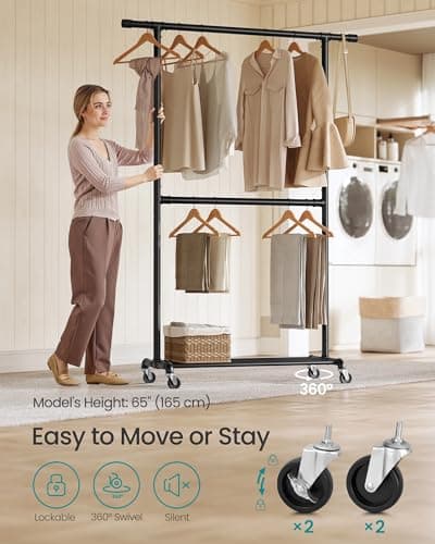 SONGMICS Heavy-Duty Double-Rod Clothes Rack with Casters, Black Adjustable Metal Frame UHSR62BK
