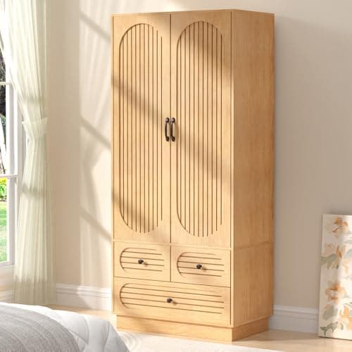 Mid-Century Modern Walnut Armoire Wardrobe with 3 Drawers and Hanging Rod