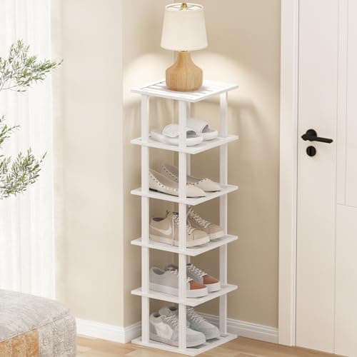 Slim White Bamboo 6-Tier Shoe Rack for Small Spaces Closet Storage