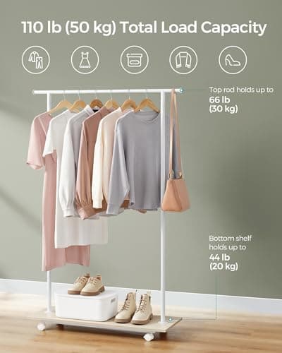 Metal Clothing Rack with Wheels and Shelf, 110 lb Capacity