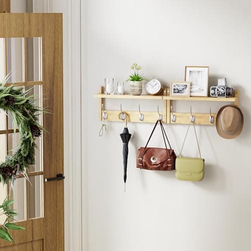 Bamboo Wall Mount Coat Rack with Shelf, 2 Pack, 8 Hooks (Natural)