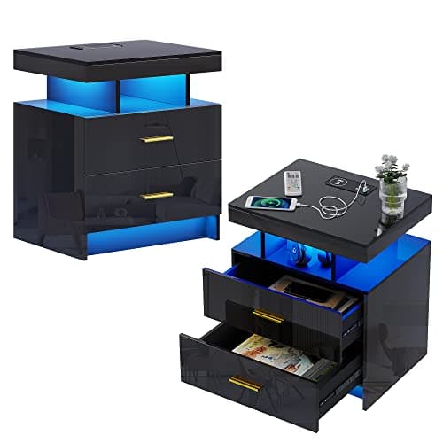 High Gloss Nightstand with USB/Wireless Charging, LED White Side Table with Storage Drawers