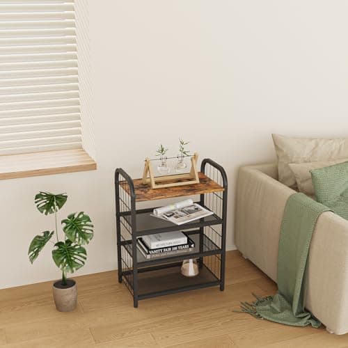 Rustic Wooden Top 4-Tier Shoe Organizer with Guardrails & Metal Mesh Shelves