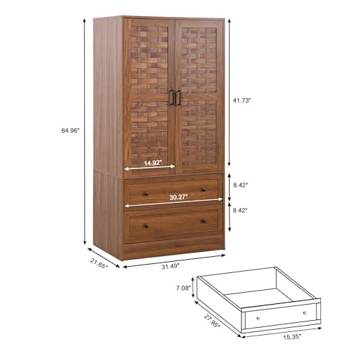 LEVNARY Walnut Freestanding Wardrobe with Woven Doors and Storage Drawers