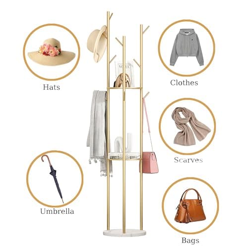 Gold Coat Rack Stand with 3 Shelves & 9 Hooks, Marble Base & Tree Hanger