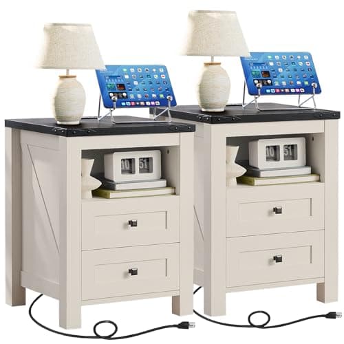 Rustic Brown Nightstands Set of 2 with Charging Station & Drawers