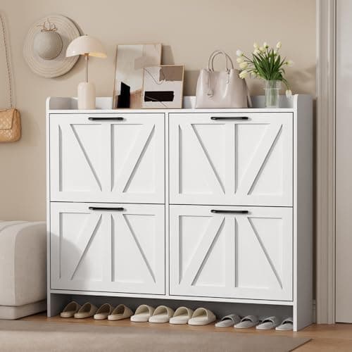 Freestanding Black Metal Handle Shoe Cabinet with 4 Flip Drawers, White & Wood Legs for Entryway