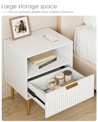 Mid Century Modern Gold Frame Nightstand with Drawer & Shelf, White Bedrooms & Living Room Dresser