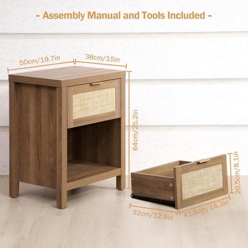SICOTAS Farmhouse Nightstand Set - Oak Drawer & Storage Shelf - Boho Bedroomaccent