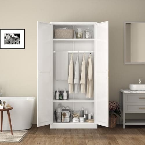 Metal Armoire Wardrobe with Hanging Rod and Shelves for Storage