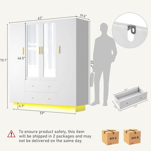 White 4 Door Armoire Wardrobe with LED Mirror and Storage