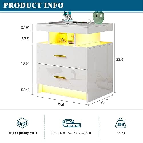 High Gloss Nightstand with USB/Wireless Charging, LED White Side Table with Storage Drawers