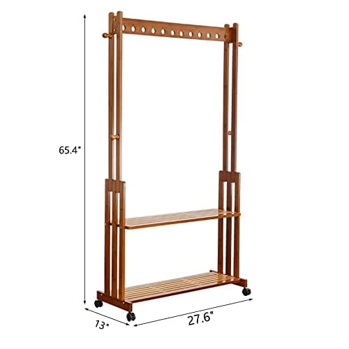 Portable Bamboo Clothing Rack with Double Layer Storage and Hooks (27.6L x 13W x 65.4H)