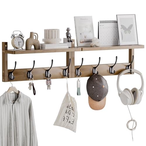 Bamboo Wall Mount Coat Rack with Shelf, 2 Pack, 8 Hooks (Natural)