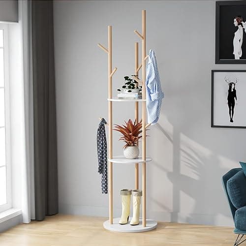 LIWSHWZ White Free Standing Coat Rack with Shelf & 9 Hooks for Home Entryway