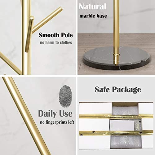 Jolitac Golden Satin Steel Coat Rack with Marble Base & Hooks