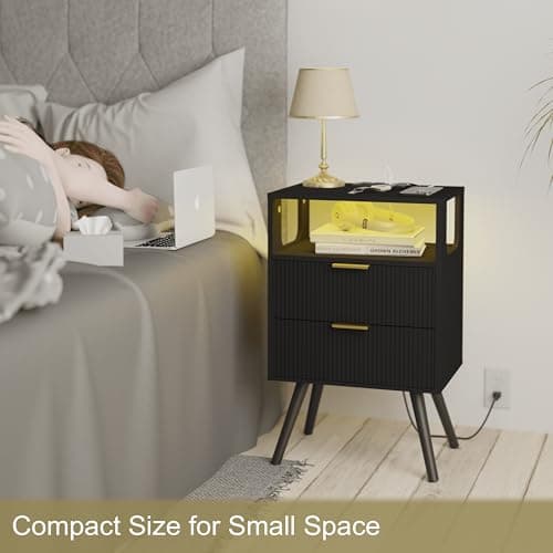 Modern Black Nightstand with Charging and LED Lights, 2 Drawers and Shelf