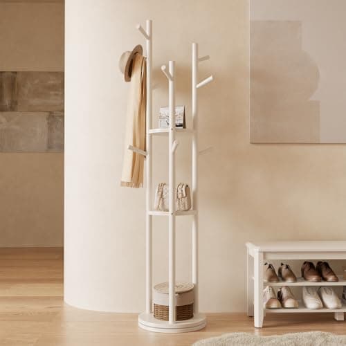 KungFuWood KASLANDI Solid Wood Coat Rack, 3 Shelves 9 Hooks, White