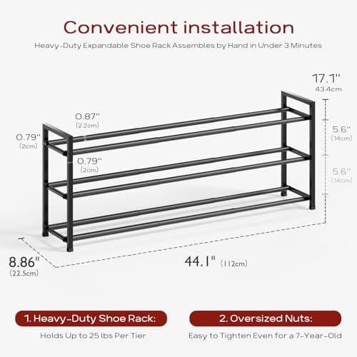 Sturdy Bumusty 3-Tier Expandable Shoe Rack, 15-18 Pair Organizer, 18"-44" Adjustment, Black